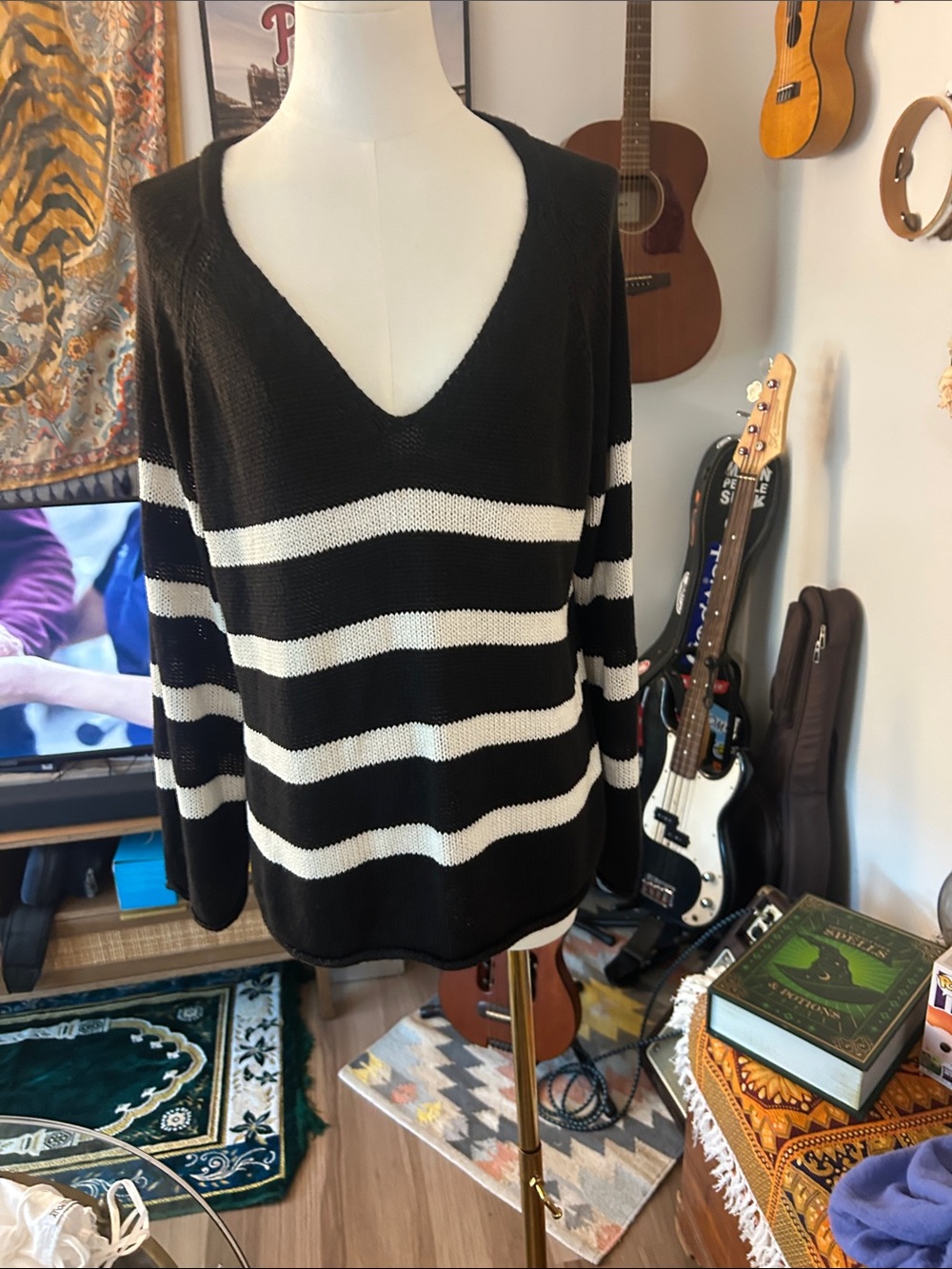 H&M Black and White V‑Neck Striped Women's Sweater